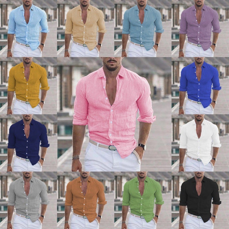 Men'S And Women'S Summer Cotton And Linen Lapel Beach Shirts Long-Sleeved Pure Multi-Color Hawaiian Holiday Clothing - Image 4